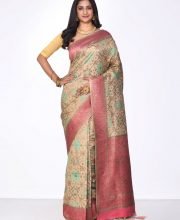 Cream & Pink Color Chanderi Silk Saree