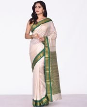 White & Green Color Blended Silk Saree
