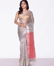 Silver & Red Color Pure Tissue Saree