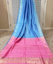Sky Blue & Light Pink Color Ghicha Silk Saree
