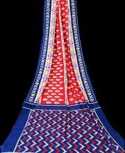 Crimson Red & Blue Color Cotton Ikkat Printed Saree