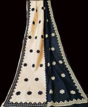 Cream White & Black Color Cotton Saree