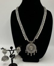 German Silver Necklace with Nice Ganesh Round Pendant and Jhumka Earrings Set
