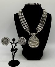 Premium Quality German Silver Multi layer Beads Necklace with Stud Earrings Set