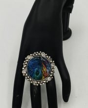 Multicolored Peacock Feather Printed German Silver Ring