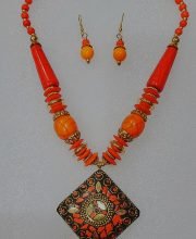 Fire Orange Wonderful Classy Stone Beads Necklace Set with Nice Square Pendant