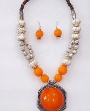 Gold Yellow and Eggshell White Color Wonderful Classy Stone Beads Necklace Set with Round Pendant