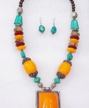 Multicolor Wonderful Classy Stone Beads Necklace Set with Square Pendant