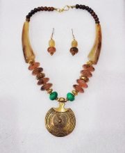 Peanut Butter Brown Wonderful Classy Beads Necklace Set with Dokra Art Round Pendant