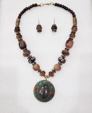 Peanut Butter Brown and Stone Black Wonderful Classy Beads Necklace Set with Multicolored Round Pendant