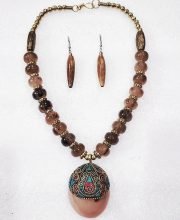 Peanut Butter Brown Wonderful Classy Beads Necklace Set with Multicolored Round Pendant
