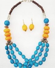 Cerulean Blue and Dandelion Yellow Color Wonderful Classy Three Layer Beads Necklace