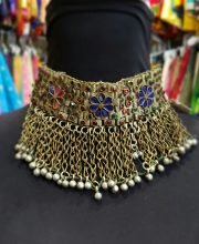 Vintage Unique Gold Plated Choker Necklace Multi Color Glass Stones