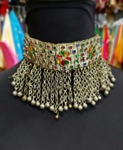 Vintage Unique Gold Plated Choker Necklace Multi Color Glass Stones