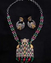 Silver and Gold Plated Enamel and Glass Necklace with Earrings