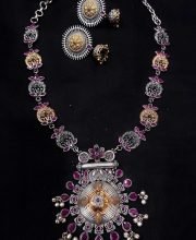 Silver and Gold Plated Enamel and Glass Necklace with Earrings