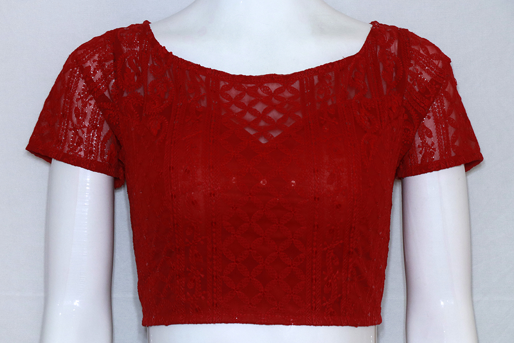 Red Georgette Sleeveless Blouse With Embroidery And Sequins