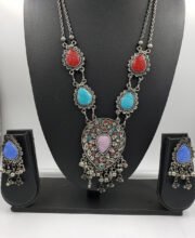 German Silver Necklace Set With Multi Color Beads