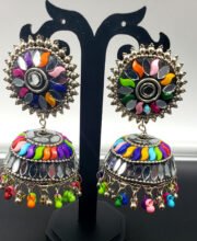 Multi Color Jhumka With Mirror Work And Beads