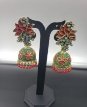 Green And Pink Color Jhumka With Stone And Beads