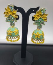Sea Green And Yellow Color Jhumka With Stone And Beads