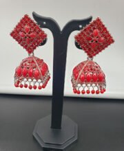 Red Color Jhumka With Stone And Beads
