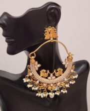 Gold Polish White Stone & White Pearl Ear Ring