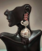 German Silver Peacock Jhumka With Red Stone