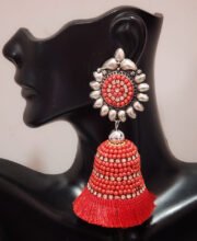 Red Beaded Tussel German Silver Jhumka