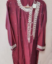 Magenta Color White Embroidery Men's Kurta