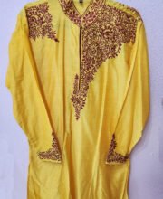 Yellow Color Maroon Embroidery Men's Kurta