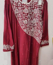 Magenta Color White Embroidery Men's Kurta