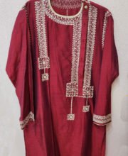 Magenta Color White Embroidery Men's Kurta