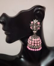 German Silver Jhumka With Pink Stone