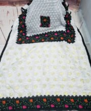White Jamdani Saree With Black Color Patch Work