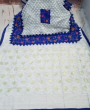 White Jamdani Saree with Blue Color Patch Work