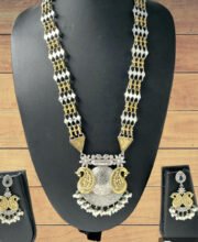 Dual Tone Long Necklace Set With Stone