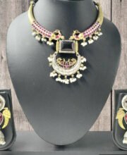 Dual Tone Necklace Set With Stone & Pearl