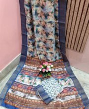 White & Blue Printed Soft Silk Saree