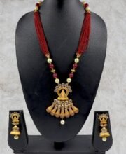 Gold Polish Necklace Set With Stones & Pearl Beads