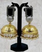 Gold Polish Jhumka With Pearl Beads & Stone