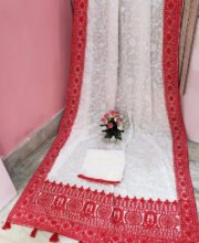 White & Red Color Chiffon Chikan Kari Saree