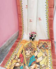 White Multi Color Hand Painted Bapta Tussar Saree
