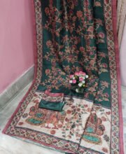 Bottle Green Multi Color Tussar Kalamkari Print Kantha Saree