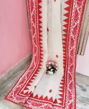 White & Red Color Cotton Patch Work Saree