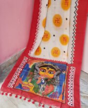 White Color Cotton Hand Painted Saree