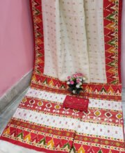 Off-White Multi Color Printed Silk Saree