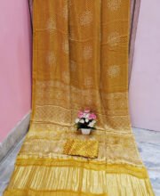 Mustard Color Ajrakh Printed Gajji Silk Saree