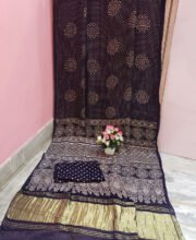 Navy Blue Color Ajrakh Printed Gajji Silk Saree