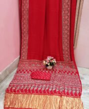 Red Color Ajrakh Printed Gajji Silk Saree